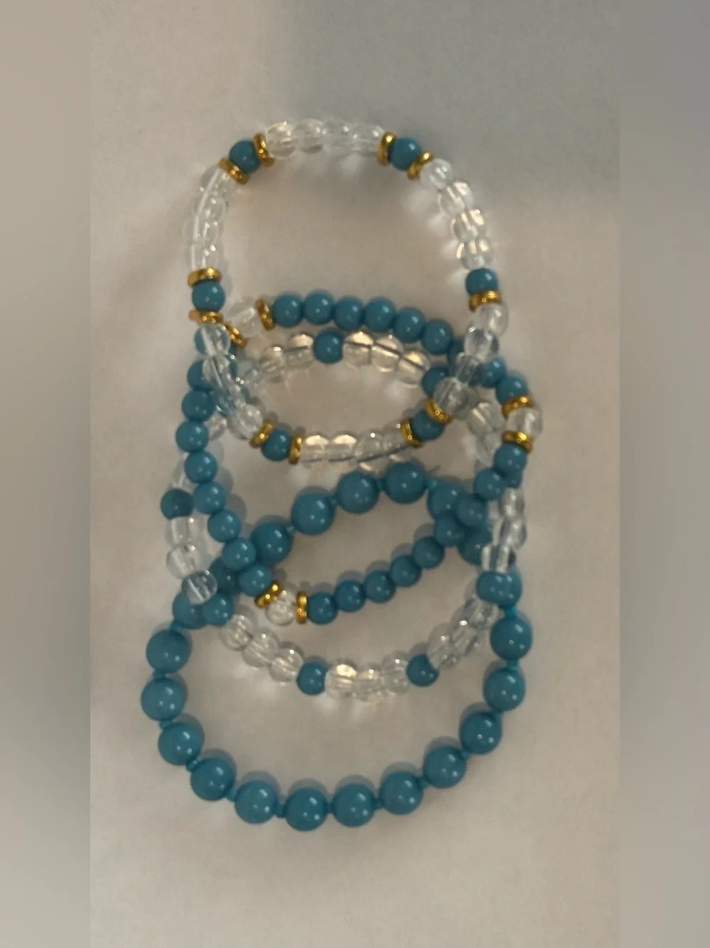 Blue Beaded Stretch Bracelet Set of 4 with Gold Accents